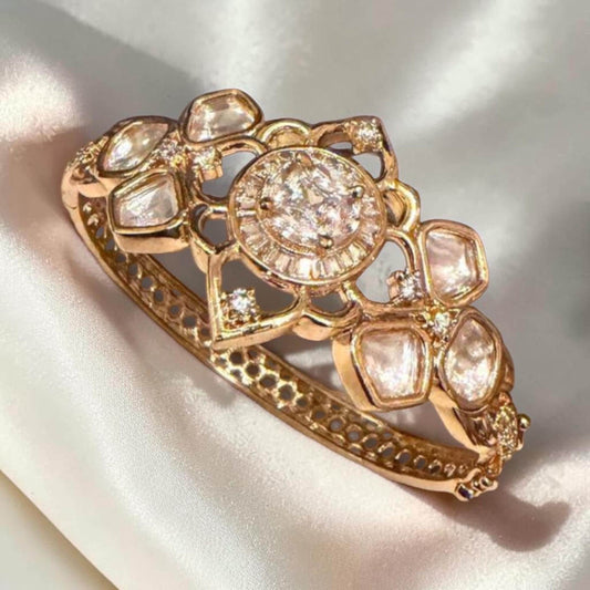 Gold Plated Floral Kundan Style Bracelet, Statement Cuff Bracelet
