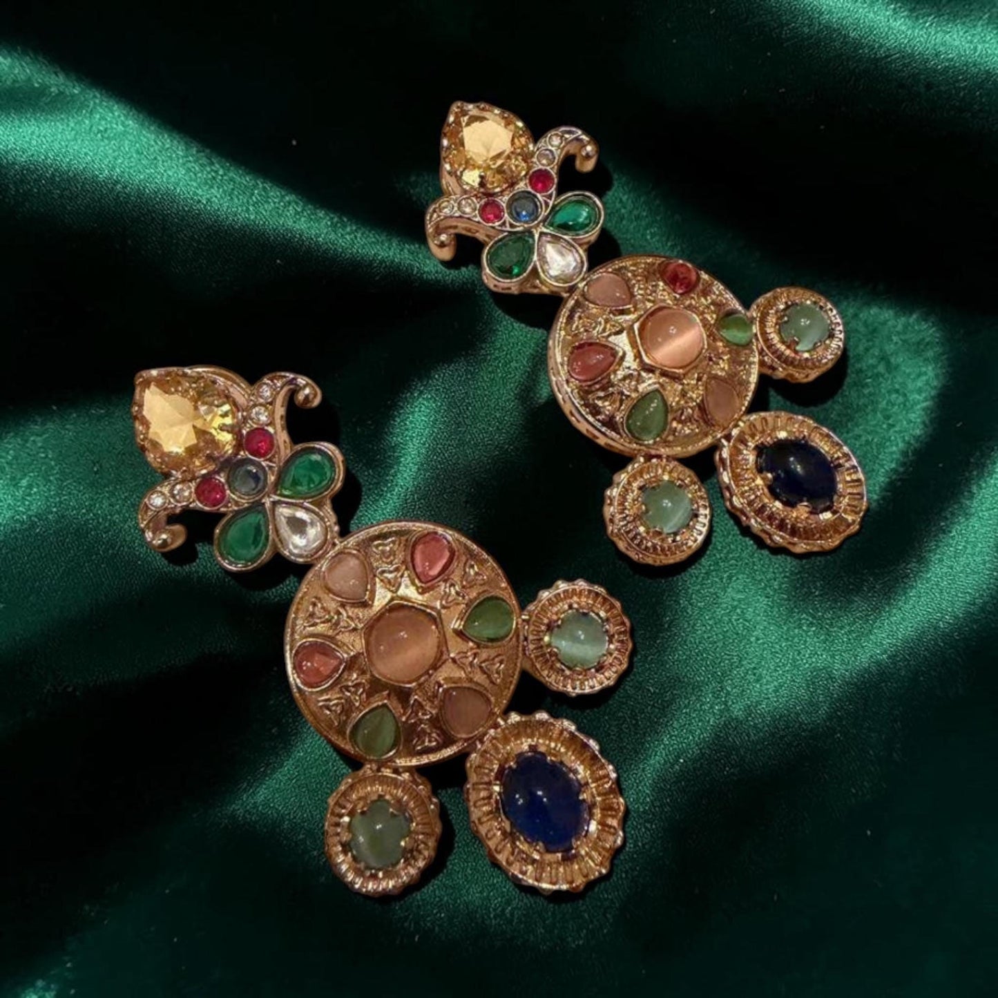 Gold Plated Multicolor Statement Earrings, Kundan Style Drop Earrings