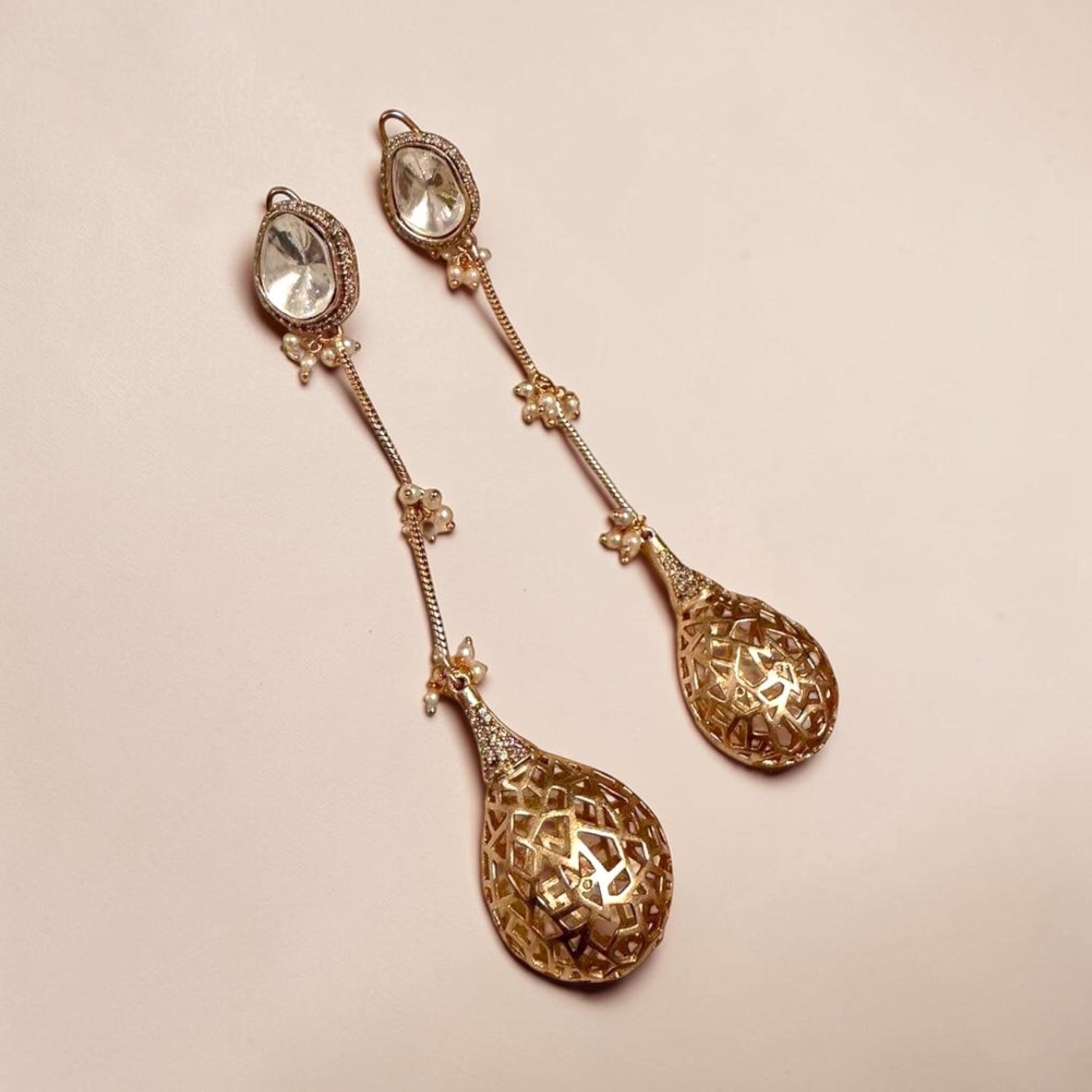 Gold Plated Filigree Drop Earrings, Kundan Style Dangle Earrings