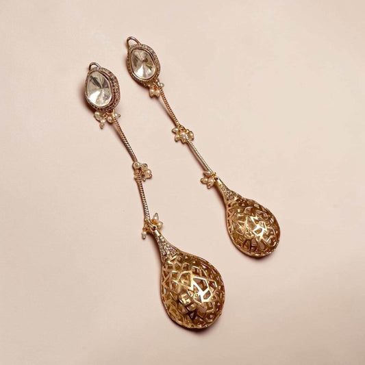 Gold Plated Filigree Drop Earrings, Kundan Style Dangle Earrings