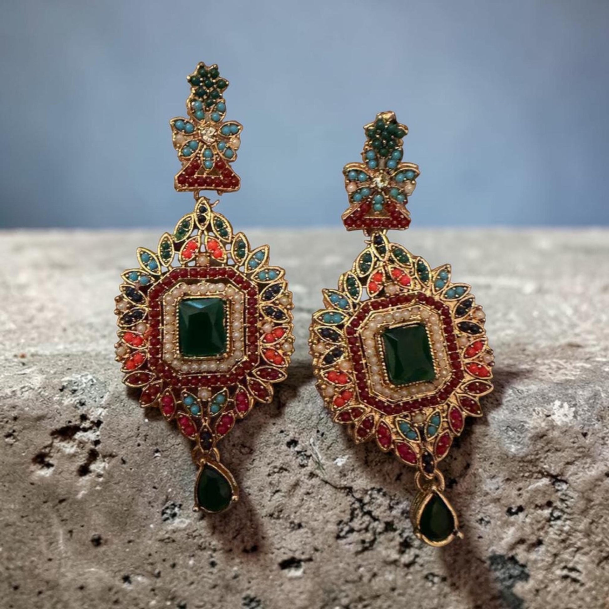 Multicolor Emerald Statement Earrings, Kundan Style Dangle Earrings, Indian Bridal Jewelry, Pakistani Wedding