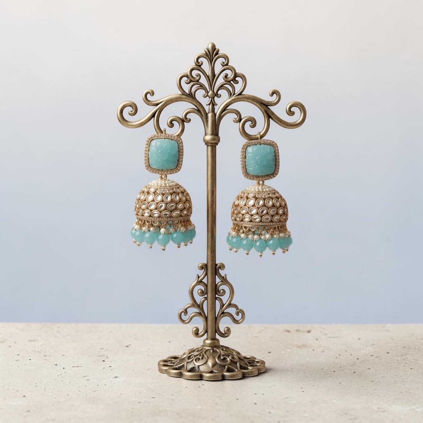 Turquoise Jhumka Earrings, Kundan Style Gold Tone Statement Earrings