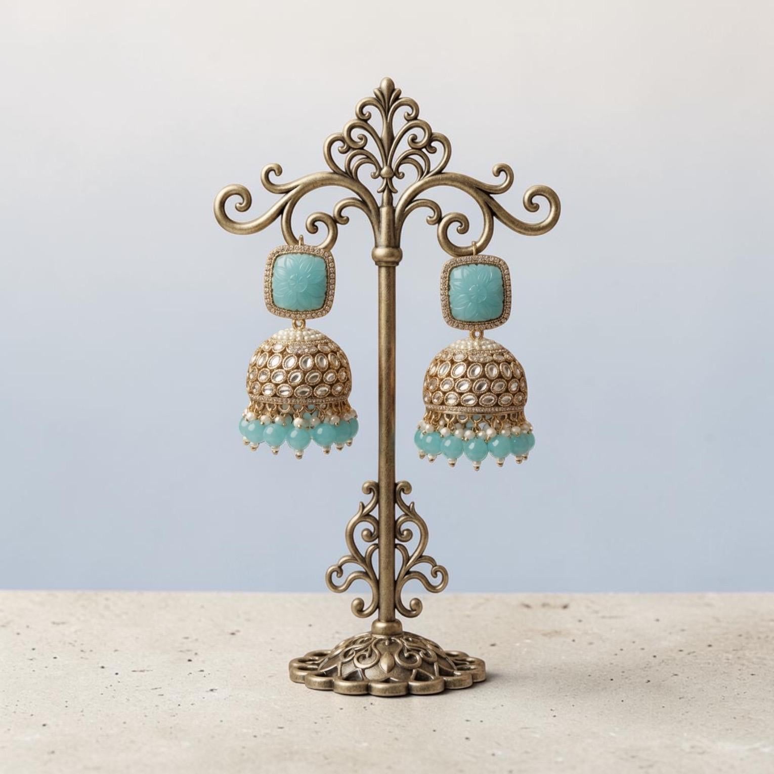 Turquoise Jhumka Earrings, Kundan Style Gold Tone Statement Earrings
