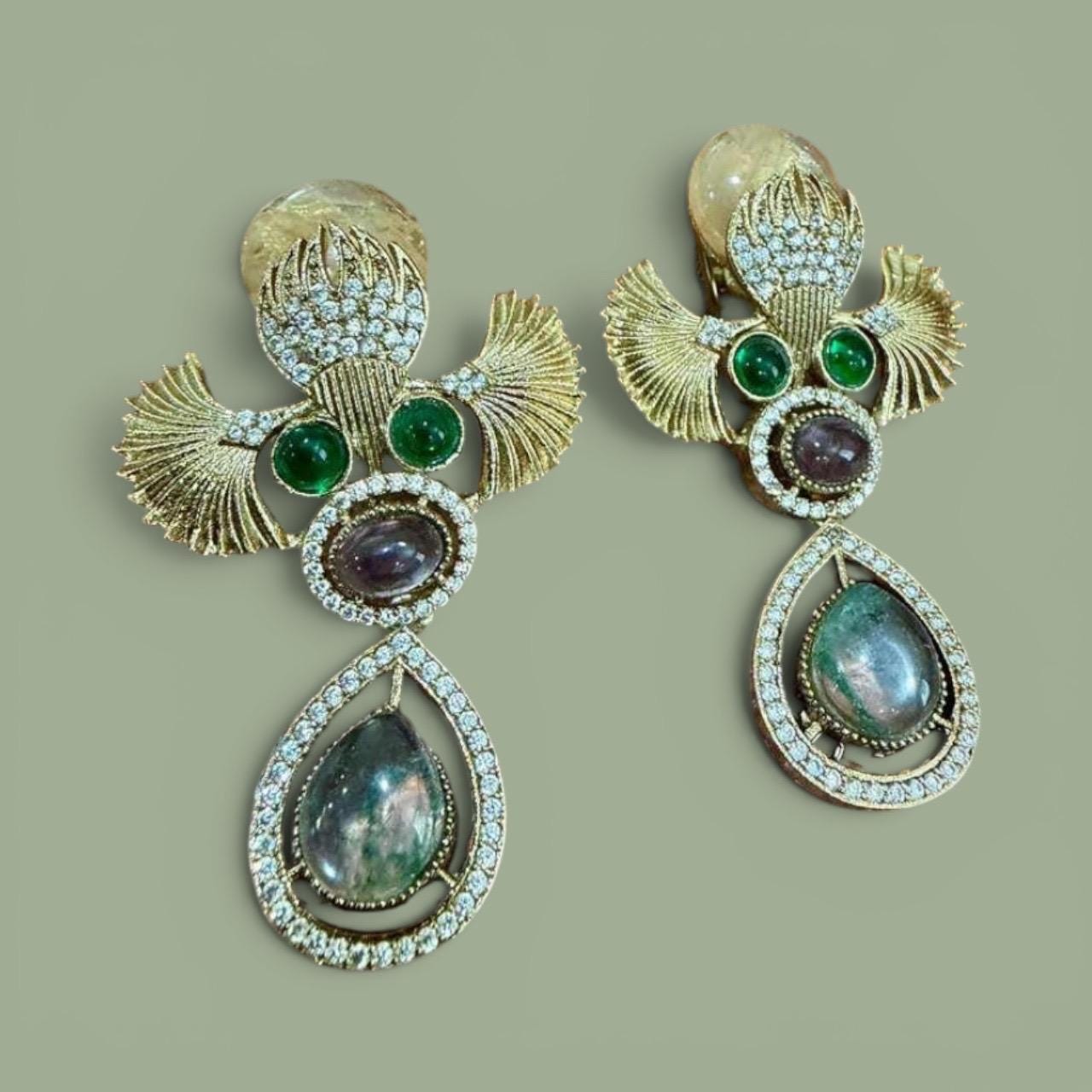 Green Gemstone Statement Drop Earrings, Vintage Gold Tone Dangle Earrings