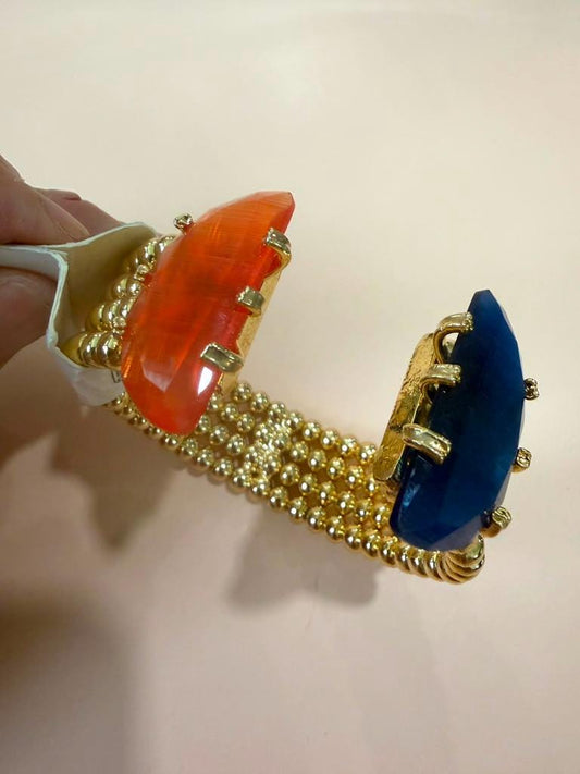 Gold Plated Adjustable Open Cuff Bracelet, Blue & Orange Gemstone Bangle