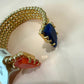 Gold Plated Adjustable Open Cuff Bracelet, Blue & Orange Gemstone Bangle