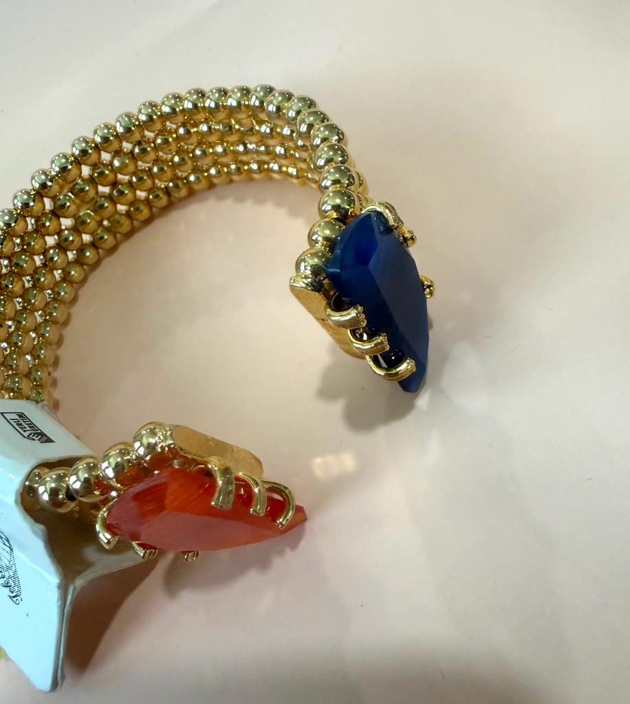 Gold Plated Adjustable Open Cuff Bracelet, Blue & Orange Gemstone Bangle