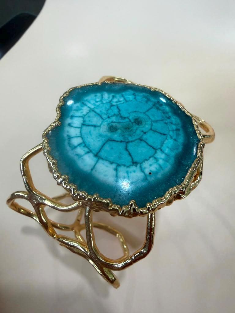 Gold Plated Turquoise Cuff Bracelet, Adjustable Statement Bracelet, Handmade Open Bangle