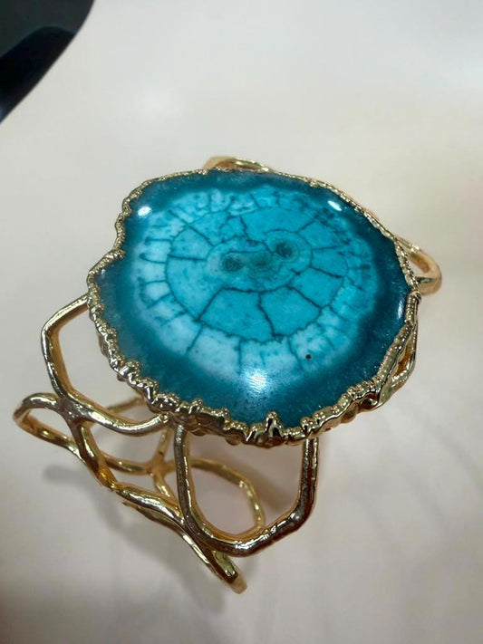 Gold Plated Turquoise Cuff Bracelet, Adjustable Statement Bracelet, Handmade Open Bangle