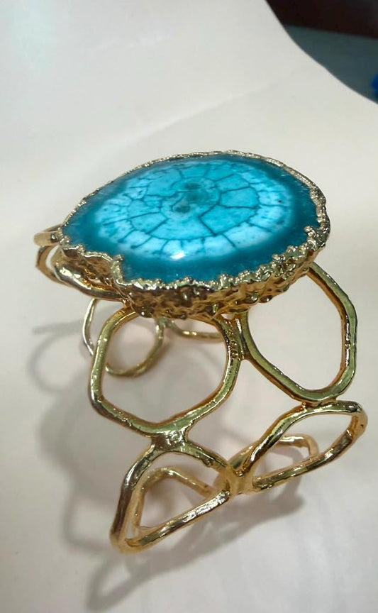 Gold Plated Turquoise Cuff Bracelet, Adjustable Statement Bracelet, Handmade Open Bangle