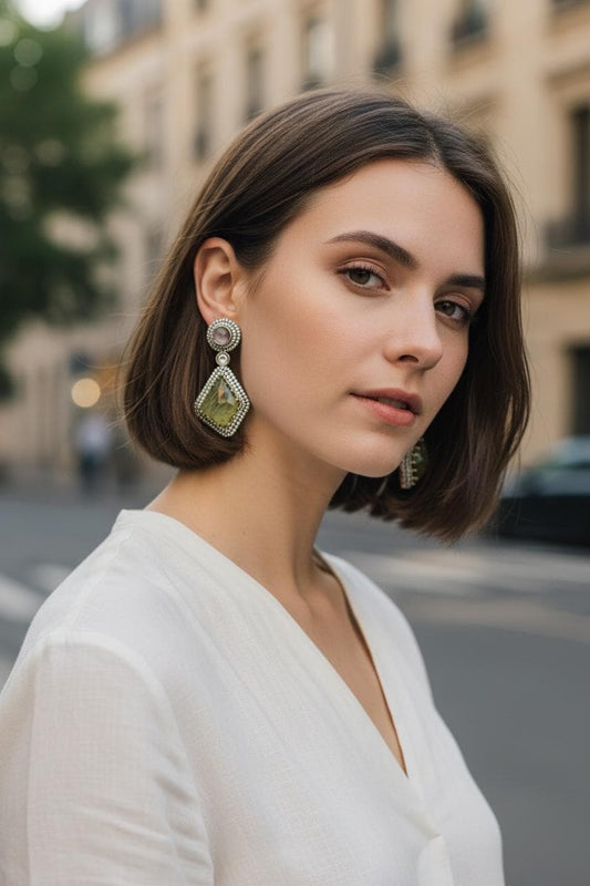Green Gemstone Drop Earrings, Vintage Statement Dangle Earrings