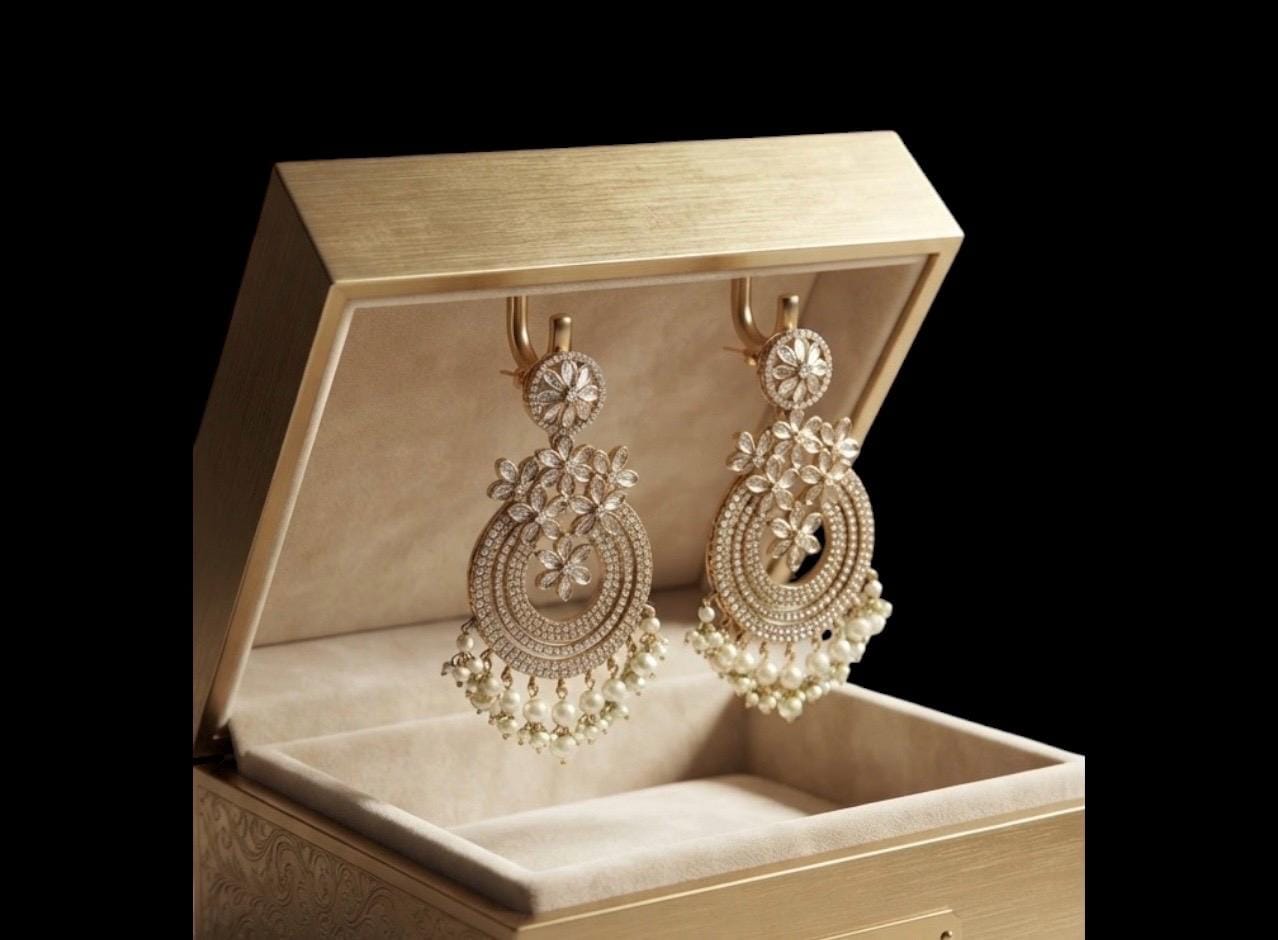 Floral Pearl Chandelier Earrings, Rose Gold Tone Statement Earrings