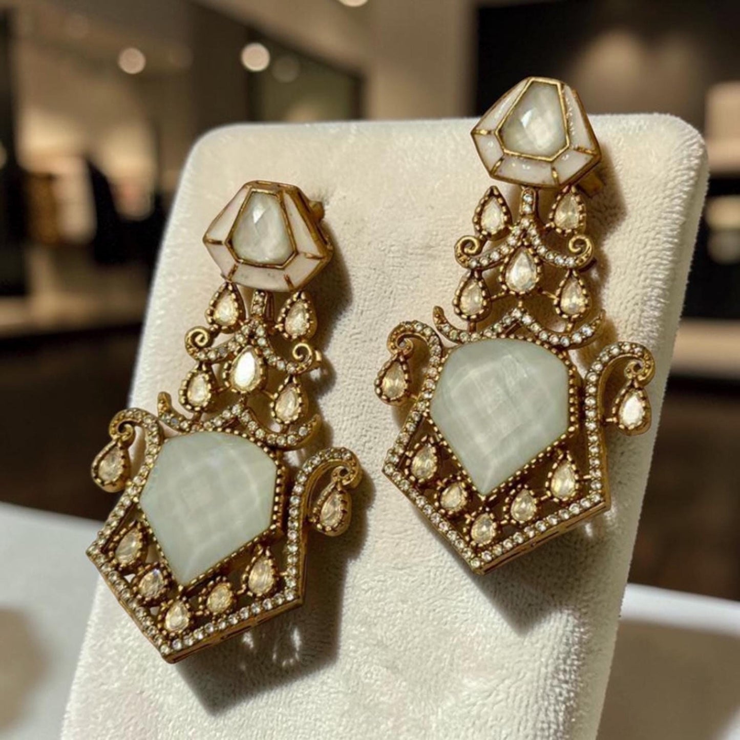 White Ivory Geometric Statement Drop Earrings, Gold Tone Alloy, Rhinestones