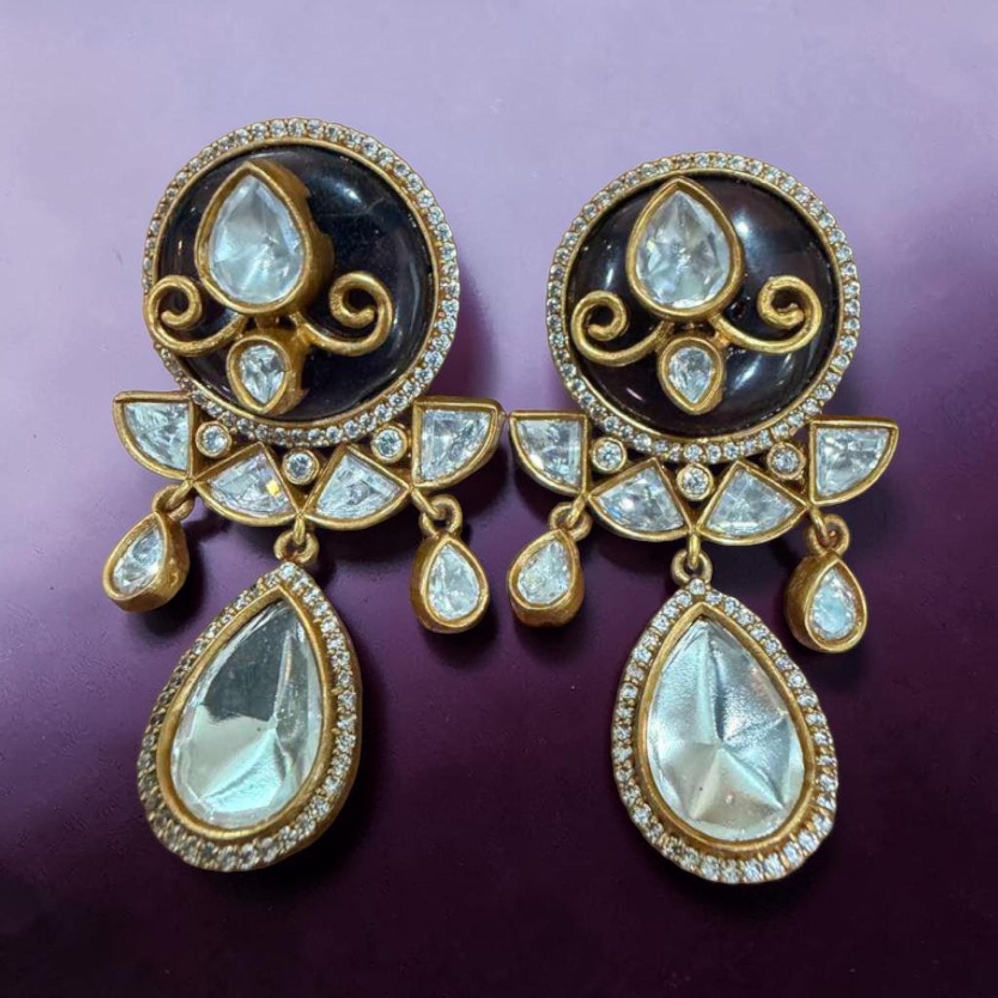 Kundan Style Statement Drop Earrings, Vintage Gold Tone Bridal Earrings