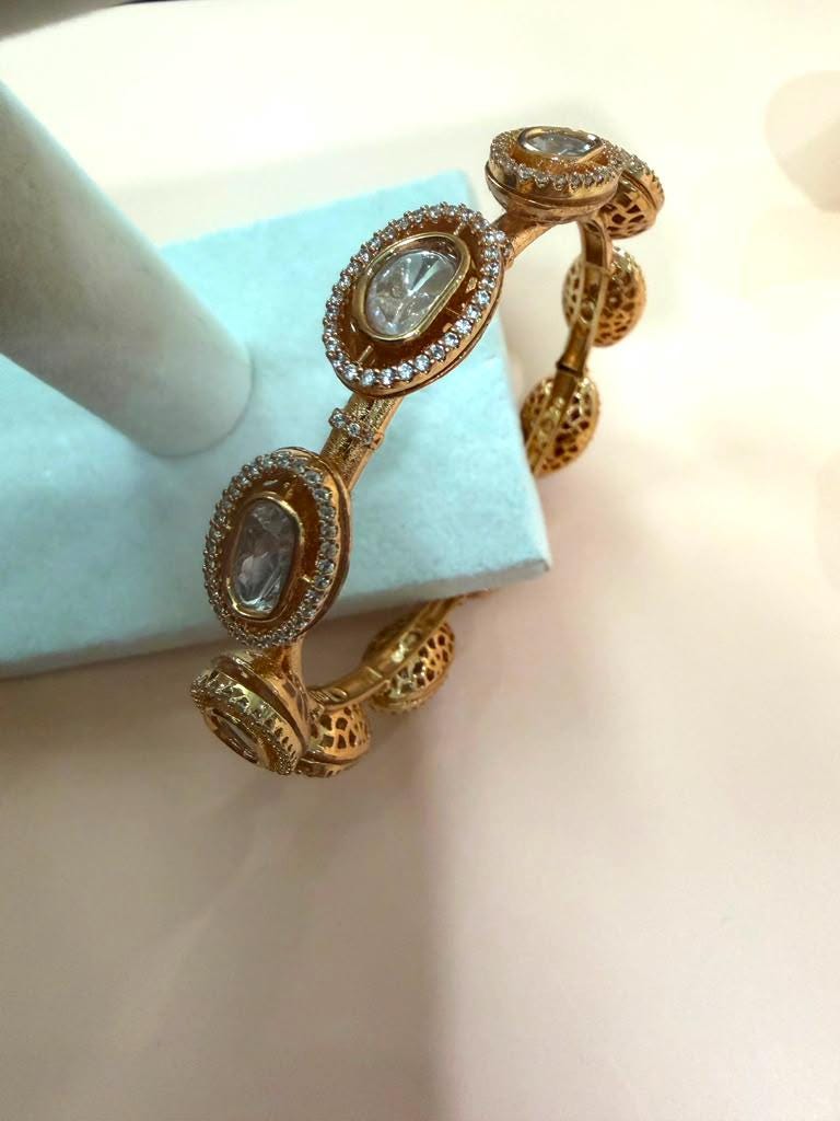 Gold Plated Open Cuff Bracelet, Kundan Style Statement Bangle, Handmade Designer Cuff