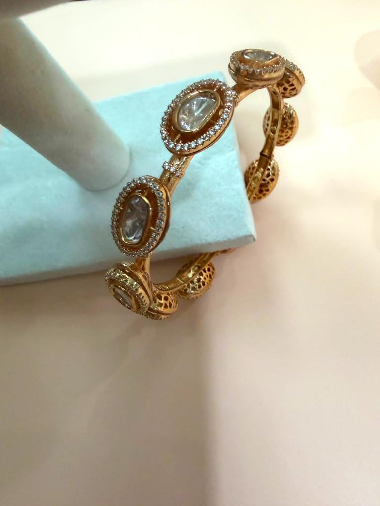 Gold Plated Open Cuff Bracelet, Kundan Style Statement Bangle, Handmade Designer Cuff