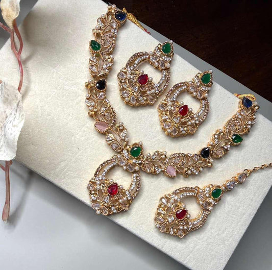 Luxury Bridal Necklace Set with Matching Earrings & Maang Tikka