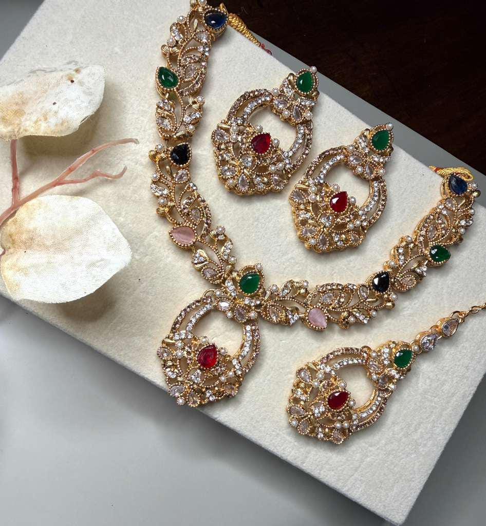 Luxury Bridal Necklace Set with Matching Earrings & Maang Tikka