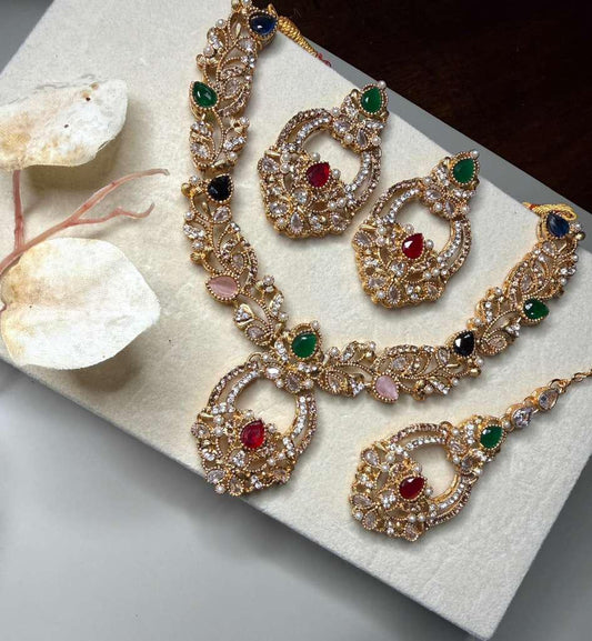 Luxury Bridal Necklace Set with Matching Earrings & Maang Tikka