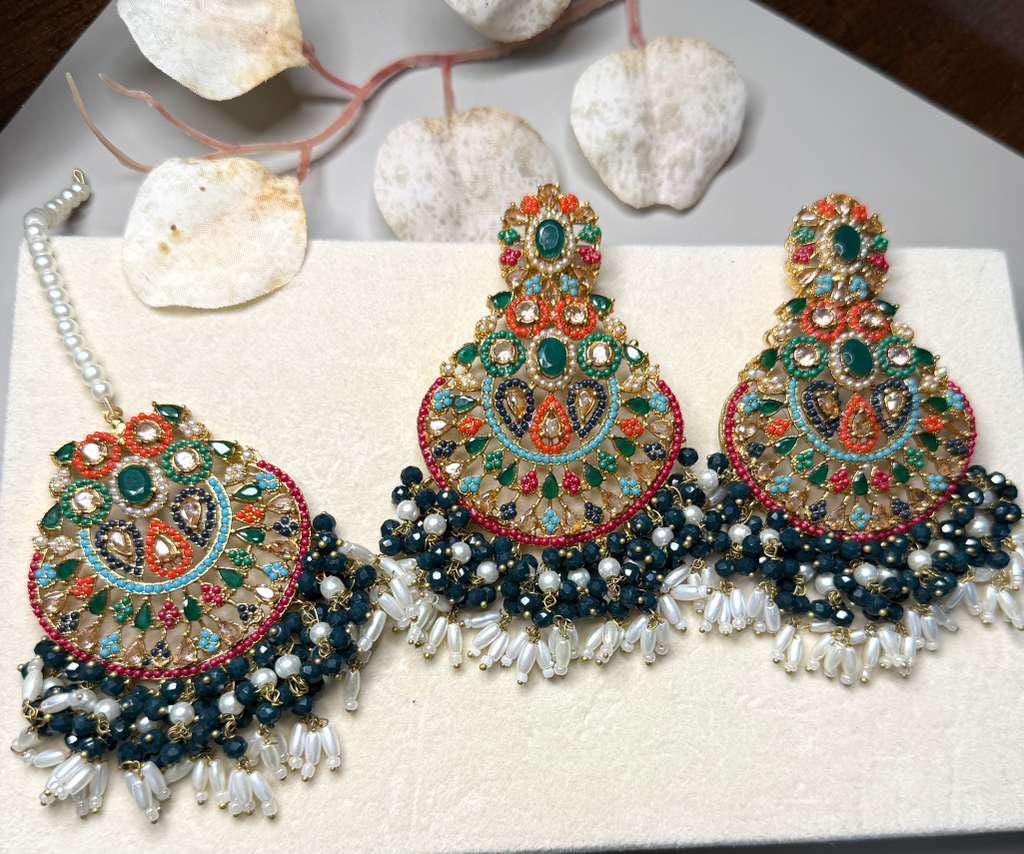 Bridal Jewelry Set with Statement Earrings & Maang Tikka, Gold Plated Ethnic Jewelry