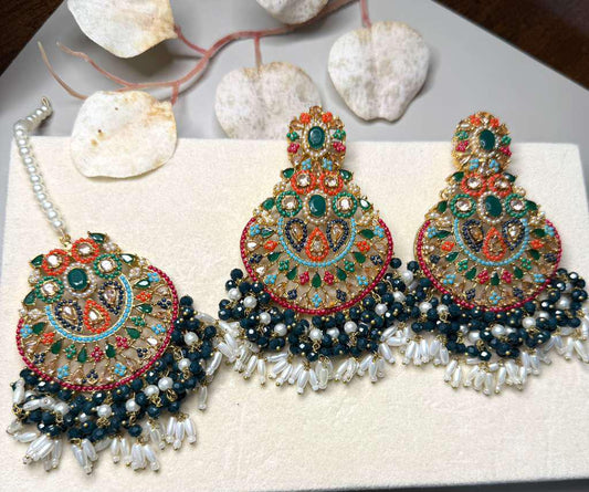 Bridal Jewelry Set with Statement Earrings & Maang Tikka, Gold Plated Ethnic Jewelry