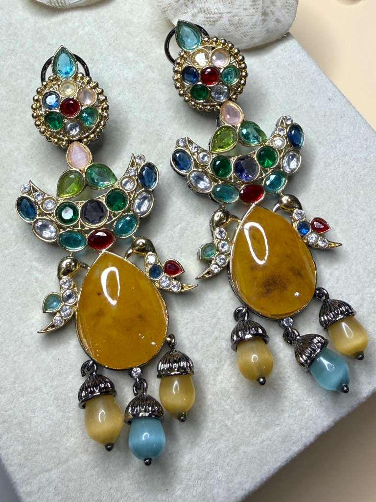 Statement Gemstone Drop Earrings, Gold Plated Ethnic Dangle Earrings