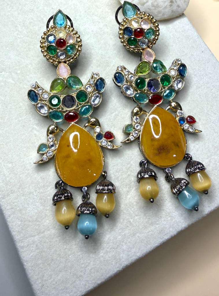 Statement Gemstone Drop Earrings, Gold Plated Ethnic Dangle Earrings