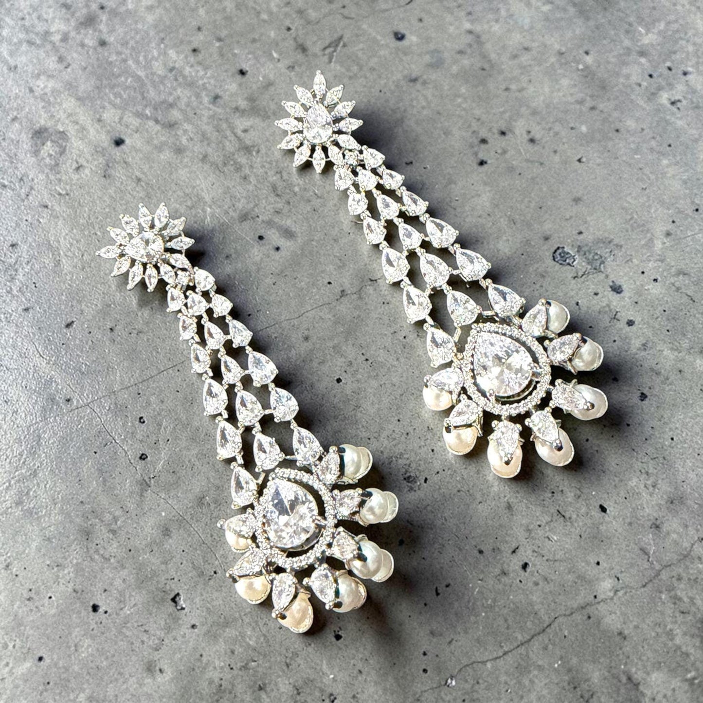 Luxury Pearl Drop Chandelier Earrings, Gold Plated CZ Bridal Earrings