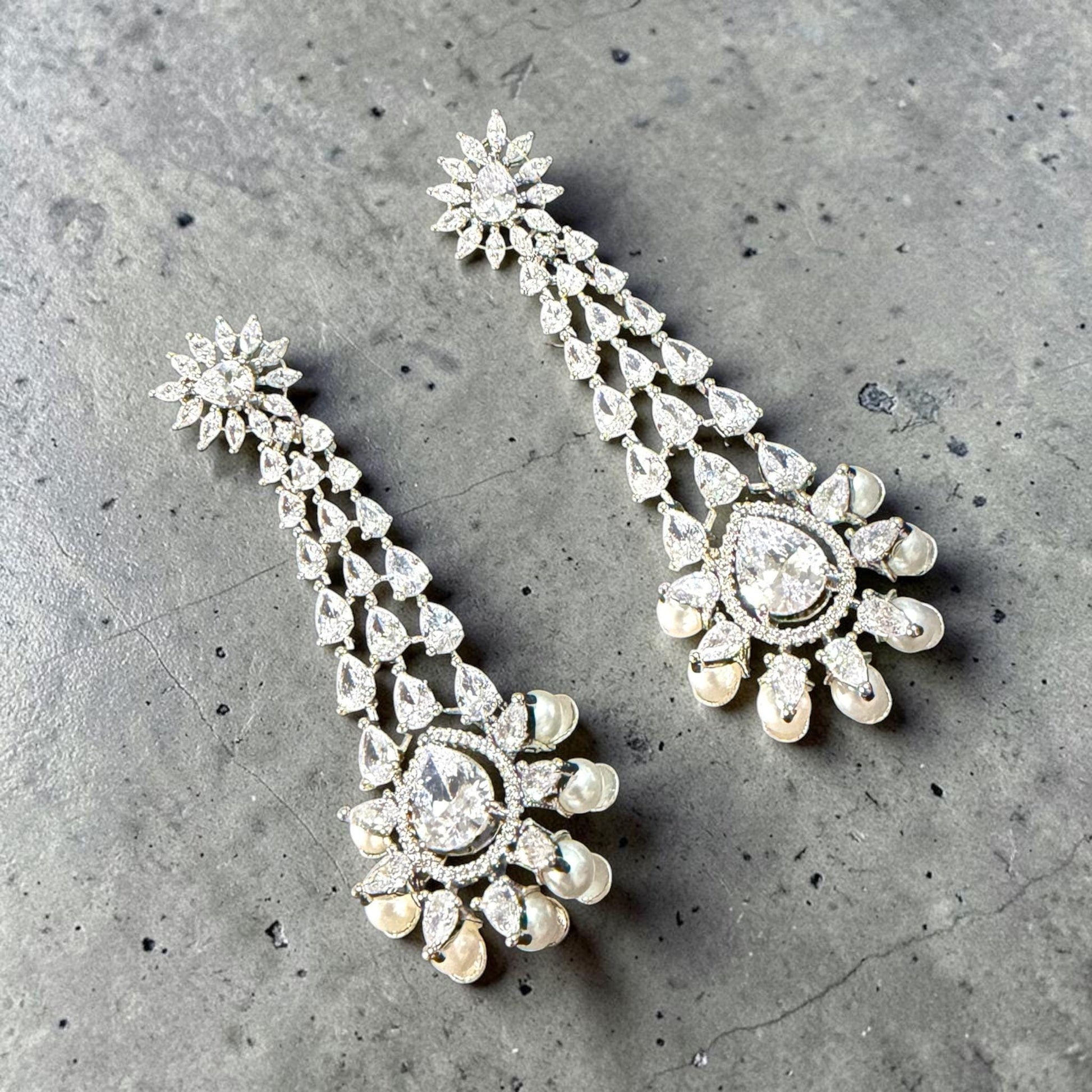 Luxury Pearl Drop Chandelier Earrings, Gold Plated CZ Bridal Earrings