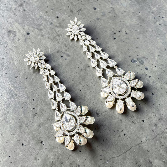 Luxury Pearl Drop Chandelier Earrings, Gold Plated CZ Bridal Earrings