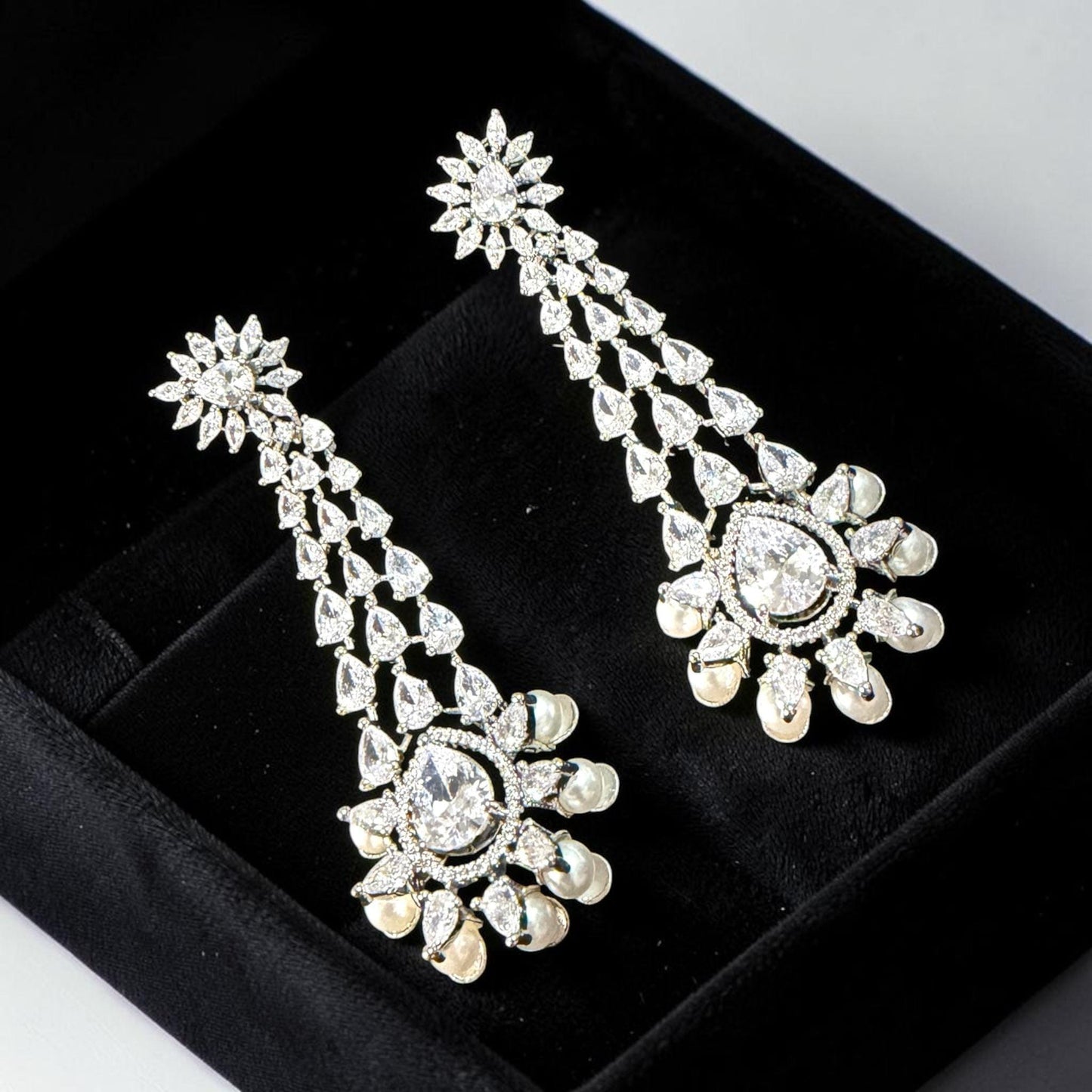 Luxury Pearl Drop Chandelier Earrings, Gold Plated CZ Bridal Earrings