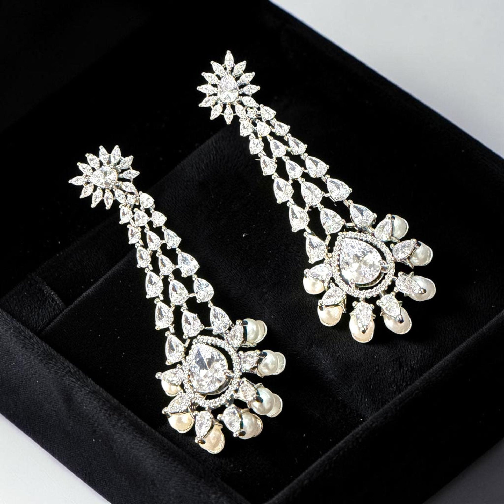 Luxury Pearl Drop Chandelier Earrings, Gold Plated CZ Bridal Earrings