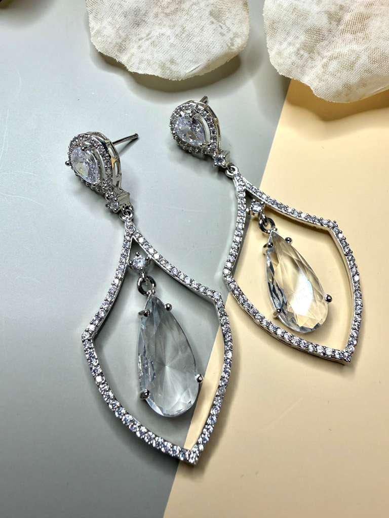 Luxury CZ Teardrop Dangle Earrings, Silver Tone Statement Earrings