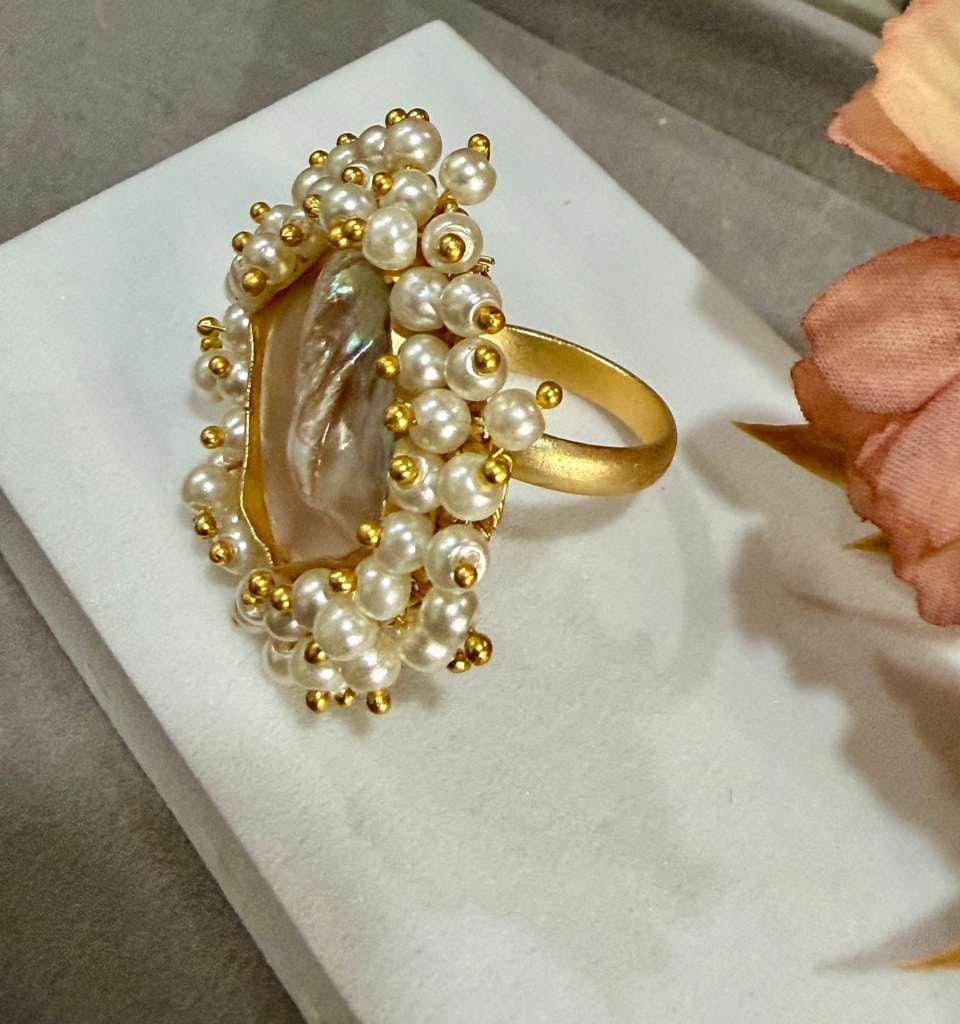 Baroque Pearl Statement Ring, Gold Plated Adjustable Cocktail Ring
