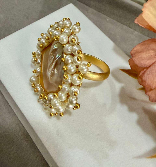 Baroque Pearl Statement Ring, Gold Plated Adjustable Cocktail Ring