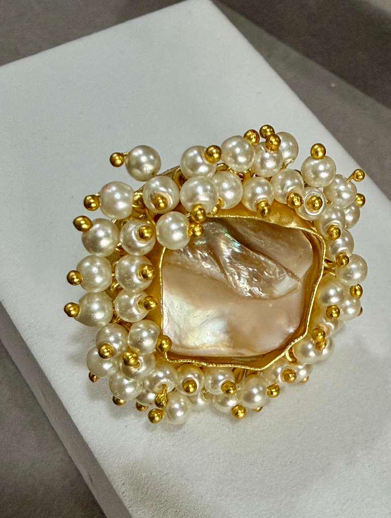 Baroque Pearl Statement Ring, Gold Plated Adjustable Cocktail Ring