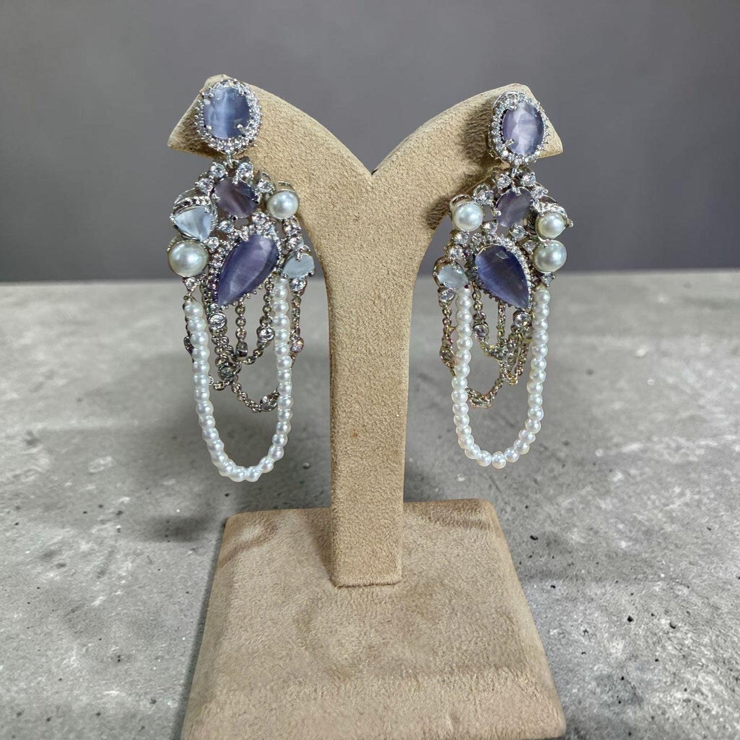 Pearl Chain Statement Earrings, Silver Tone CZ Dangle Earrings