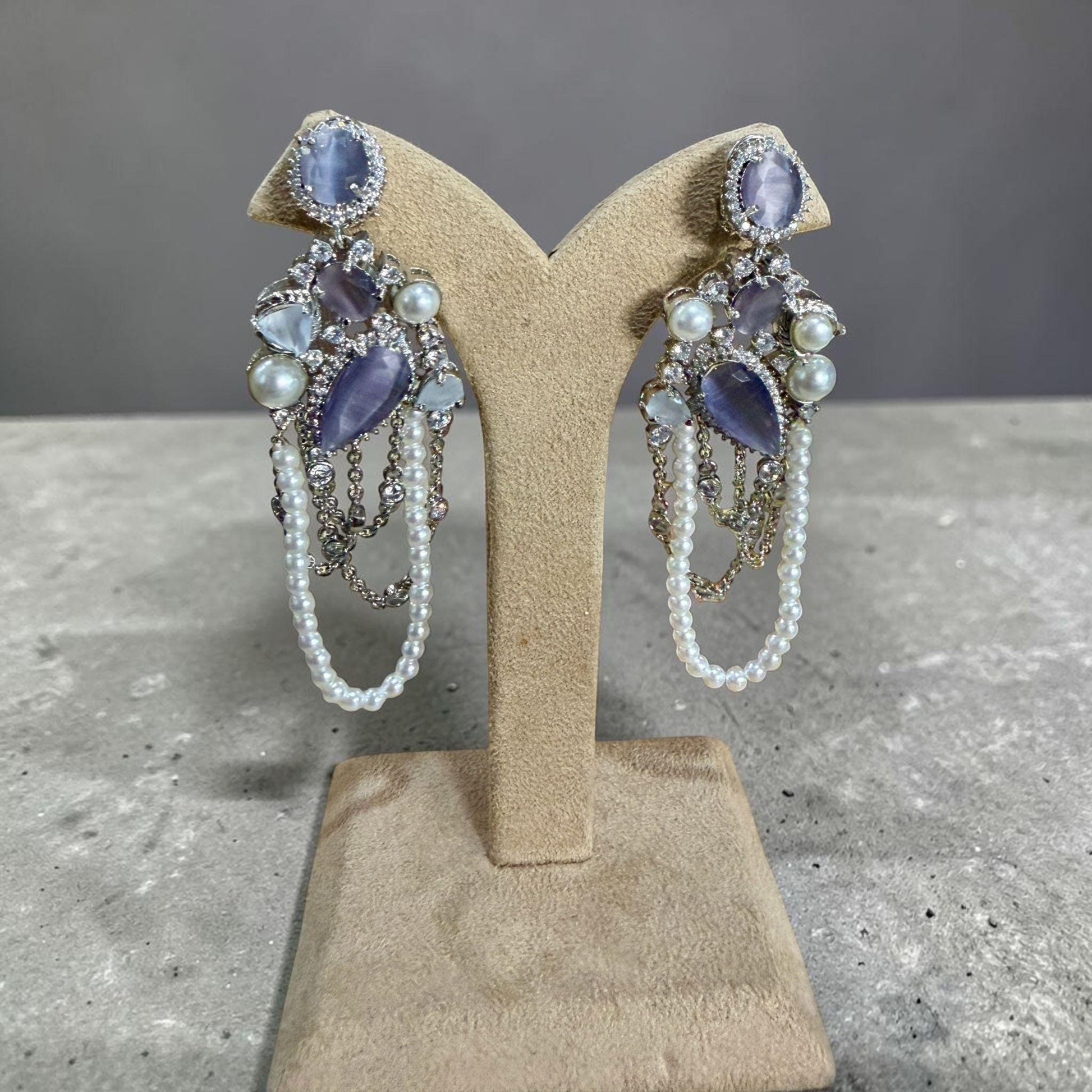 Pearl Chain Statement Earrings, Silver Tone CZ Dangle Earrings