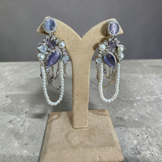 Pearl Chain Statement Earrings, Silver Tone CZ Dangle Earrings