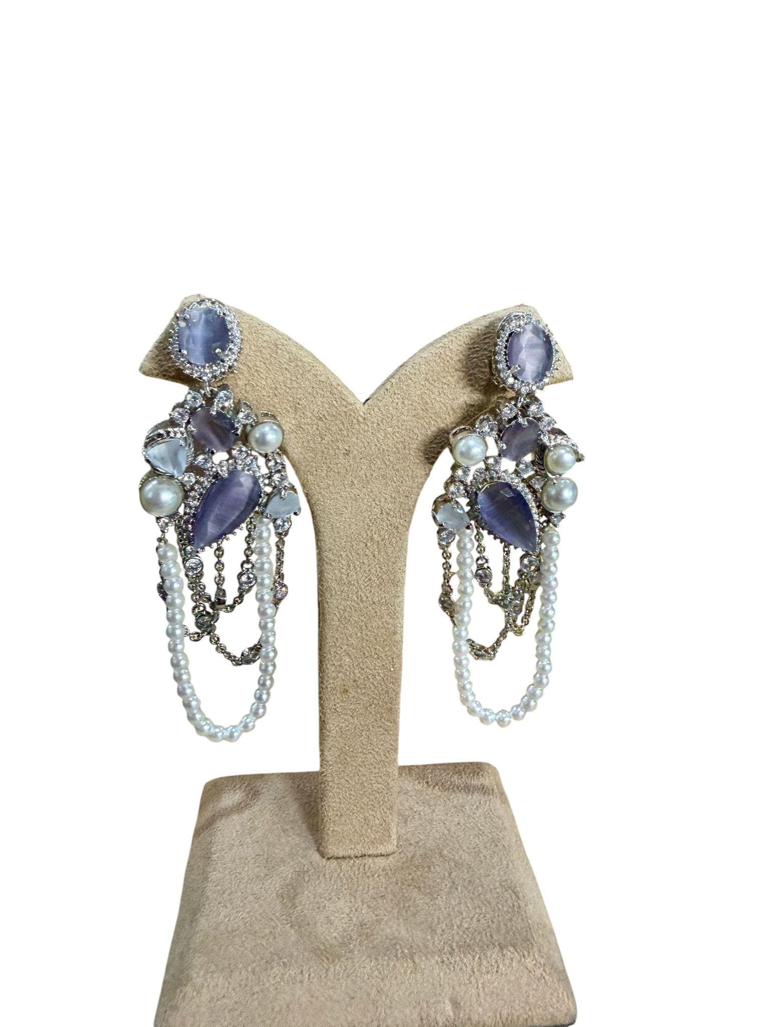 Pearl Chain Statement Earrings, Silver Tone CZ Dangle Earrings