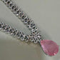 Silver Tone CZ Pendant Necklace Set, Pink Teardrop Bridal Jewelry Set