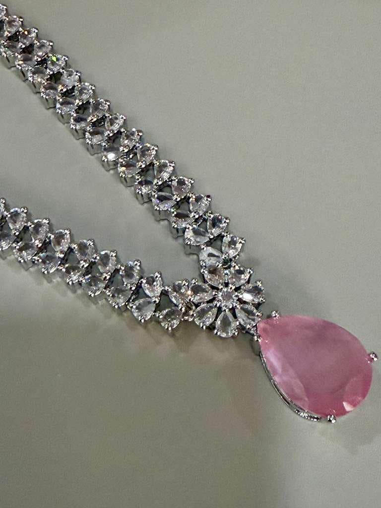 Silver Tone CZ Pendant Necklace Set, Pink Teardrop Bridal Jewelry Set