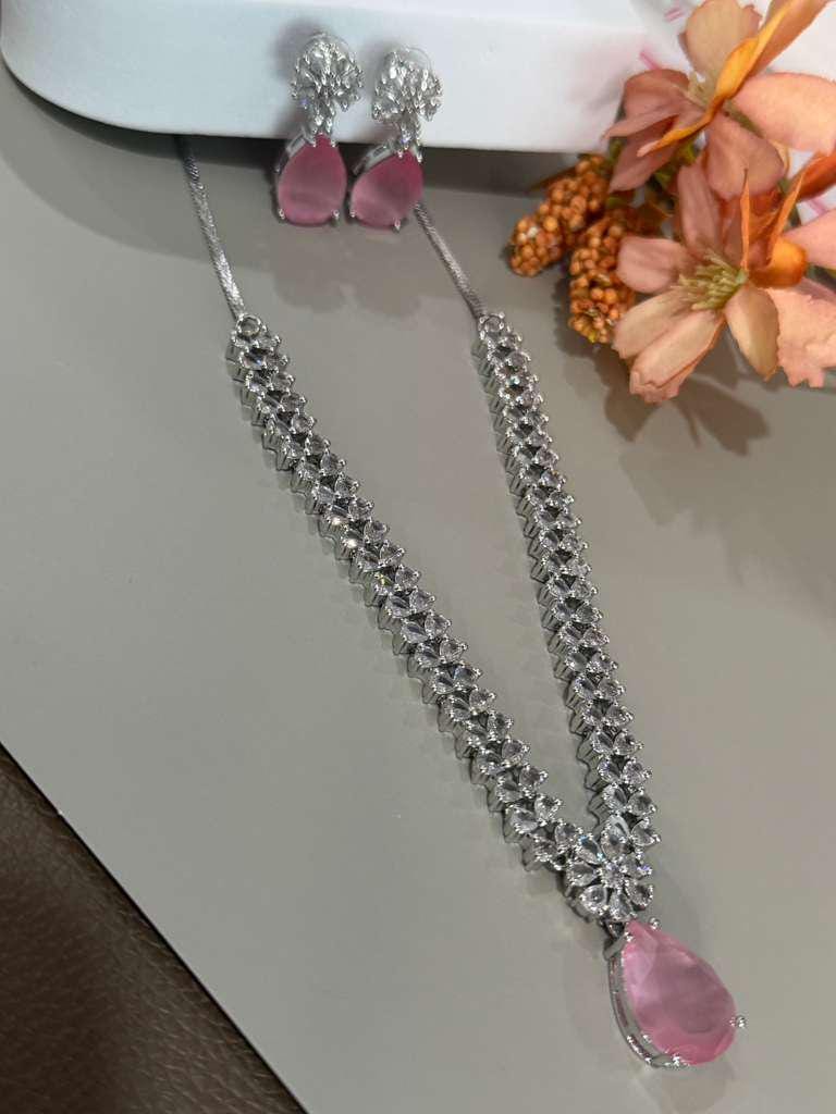 Silver Tone CZ Pendant Necklace Set, Pink Teardrop Bridal Jewelry Set