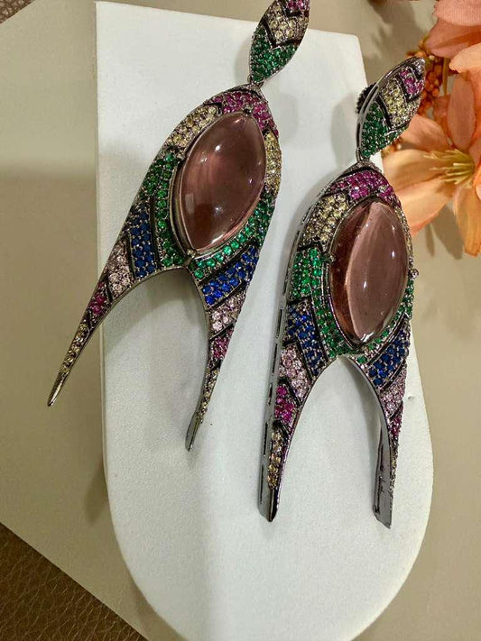 Designer Statement Drop Earrings, Silver Tone CZ Dangle Earrings
