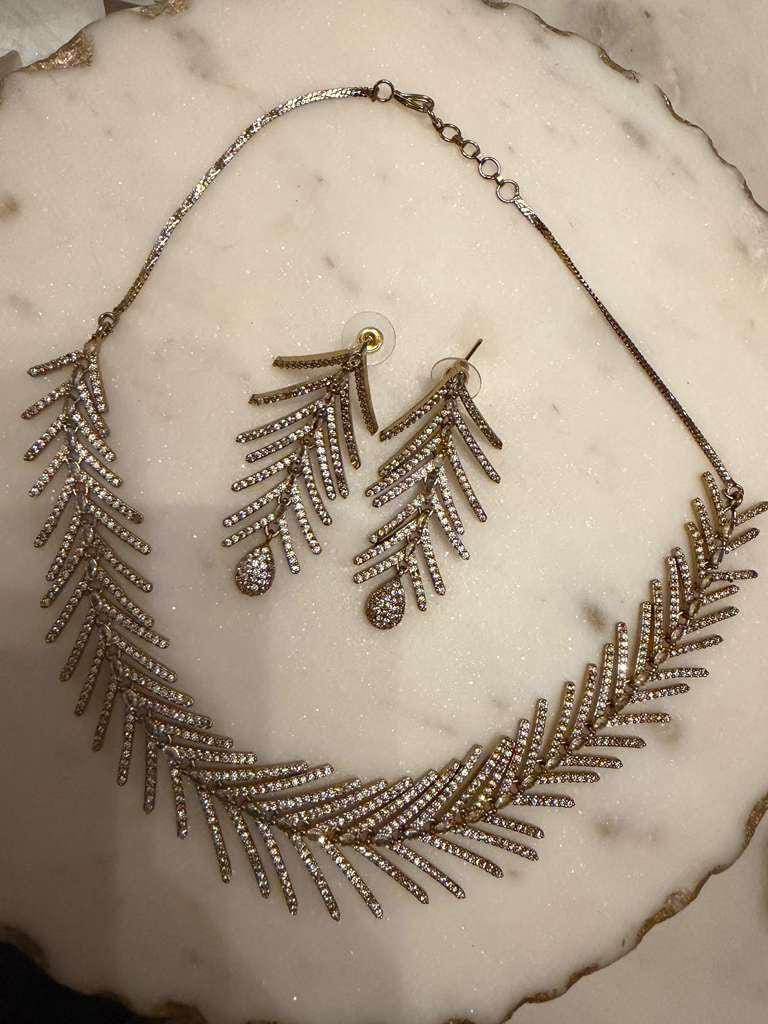 Leaf Design Choker Set, Gold Plated CZ Choker, Statement Necklace