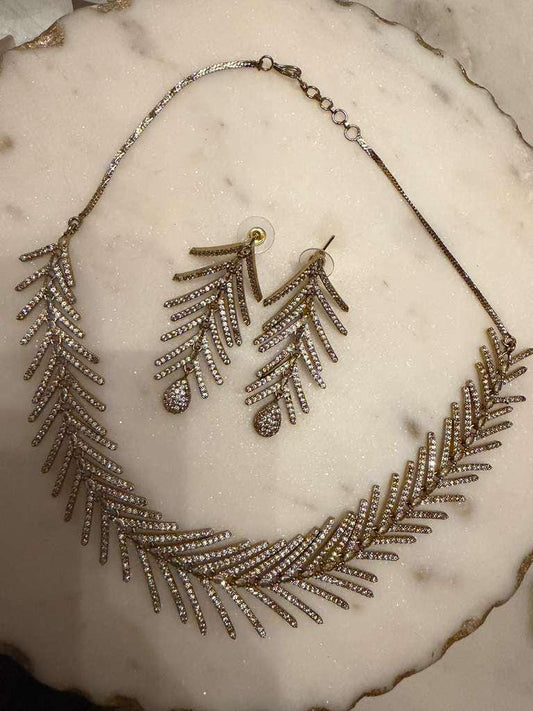 Leaf Design Choker Set, Gold Plated CZ Choker, Statement Necklace