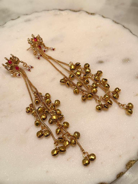 Long Tassel Earrings, Gold Plated Dangle Earrings, Bell Drop
