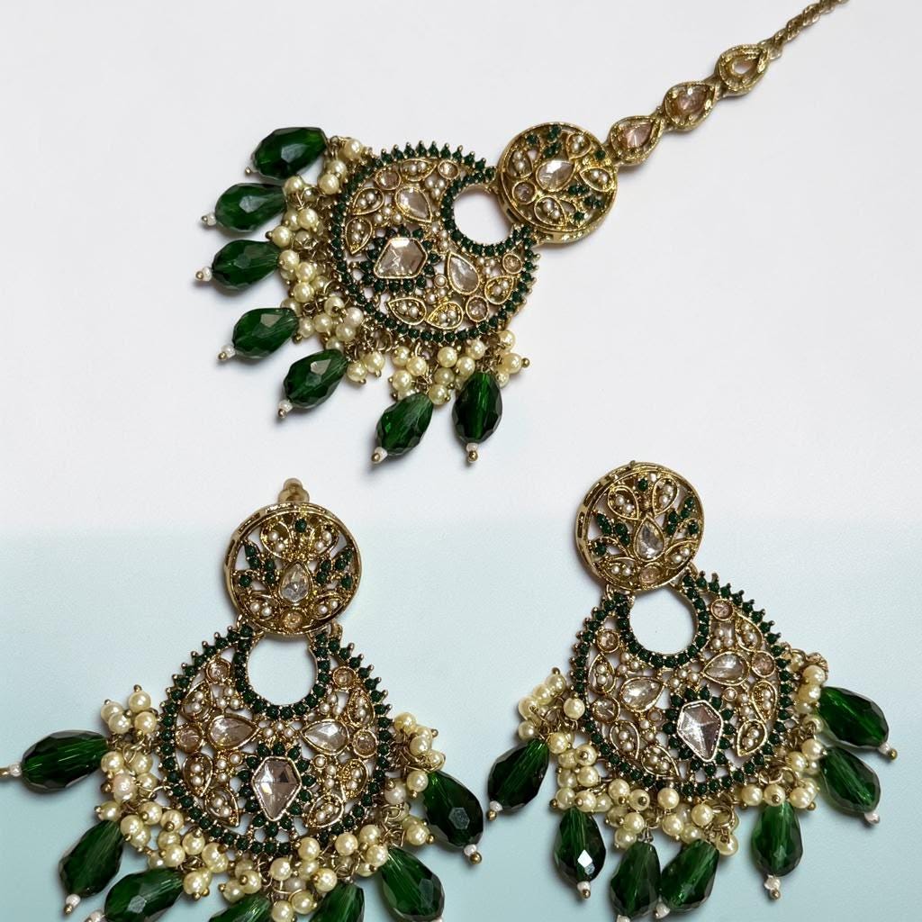 Green Bridal Jewelry , Gold Plated Pakistani Jewelry Set, Kundan Style Earrings and Tikka
