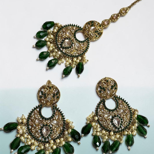 Green Bridal Jewelry , Gold Plated Pakistani Jewelry Set, Kundan Style Earrings and Tikka