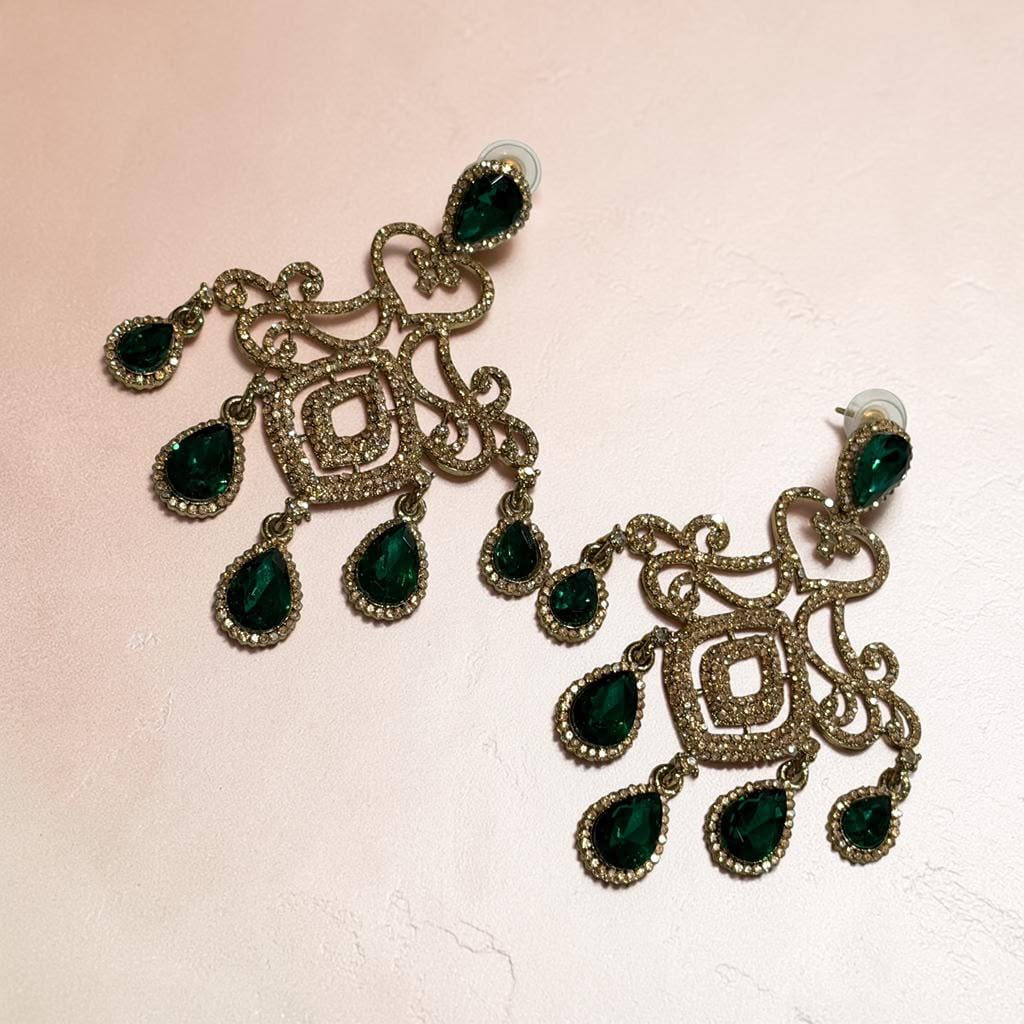Emerald Green Statement Earrings, Gold Plated Chandelier , Green Teardrop